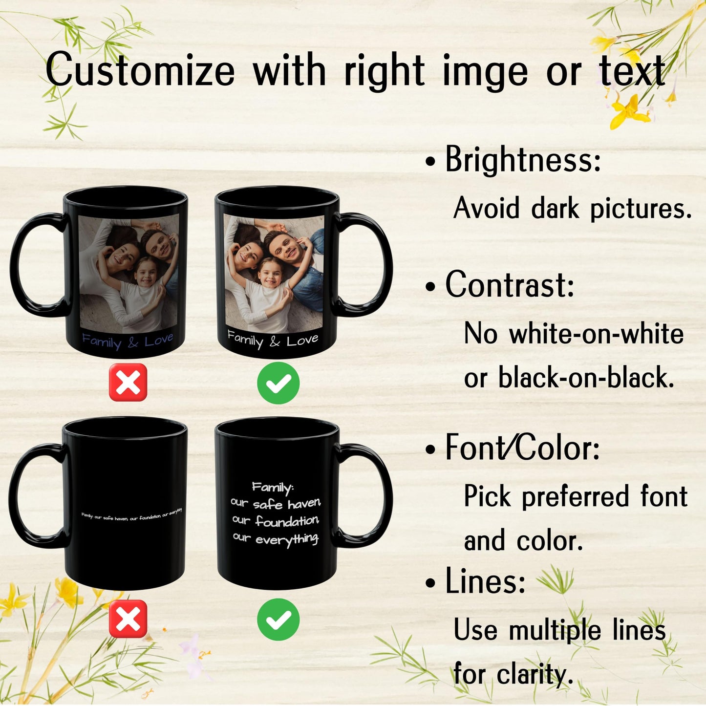 Custom Mug, 11oz All Black Square Design Ceramic Coffee Mug, Personalized Gift with Photo, Text or Logo