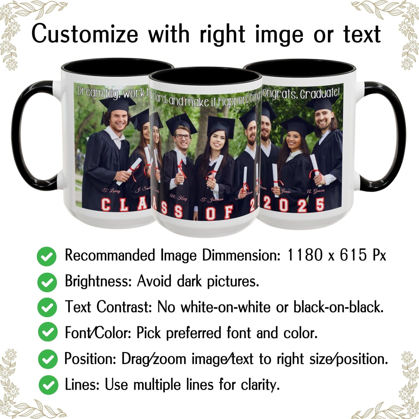 Mug personnalisé, mug à café en céramique de 44 cl blanc/noir avec motif enveloppant, cadeau personnalisé avec photo, texte ou logo