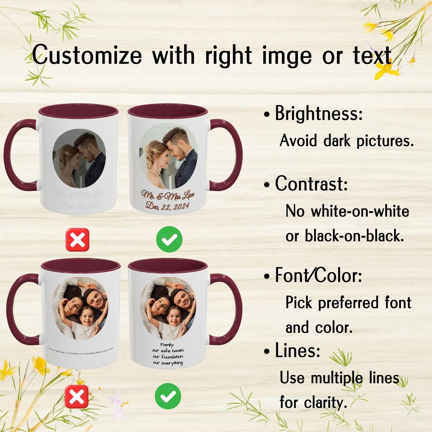 Tasse personnalisée, 325 ml, en céramique, blanche/bordeaux avec motif cercle, cadeau personnalisé avec photo, texte ou logo
