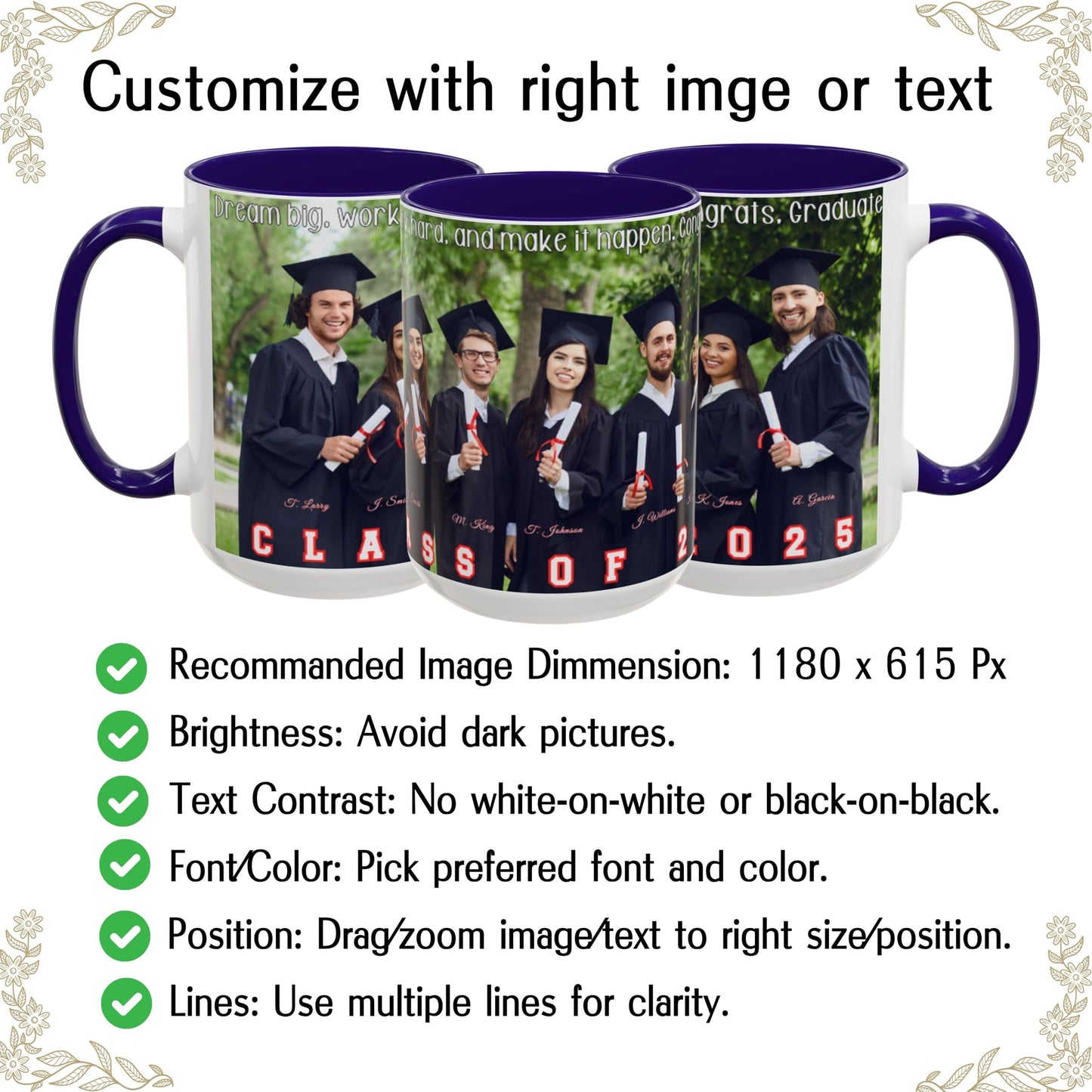 Custom Mug, 15oz White/Blue Wrap Around Design Ceramic Coffee Mug, Personalized Gift with Photo, Text or Logo