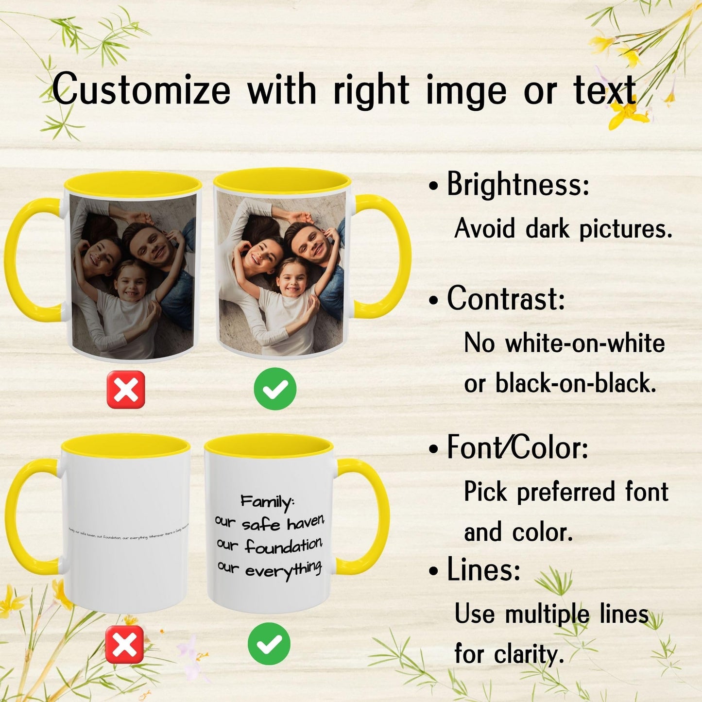 Mug personnalisé, mug en céramique à motif carré blanc/jaune de 11 oz, cadeau personnalisé avec photo, texte ou logo