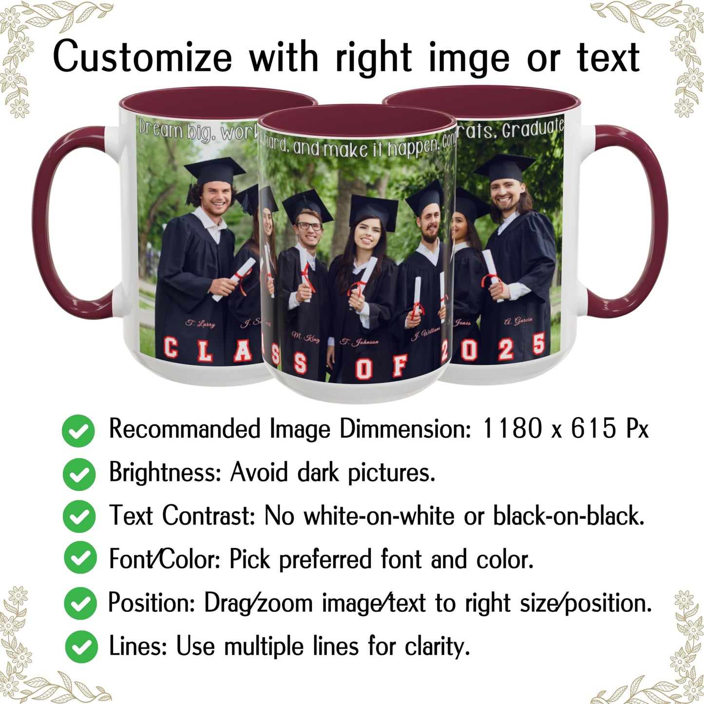 Custom Mug, 15oz White/Maroon Wrap Around Design Ceramic Coffee Mug, Personalized Gift with Photo, Text or Logo