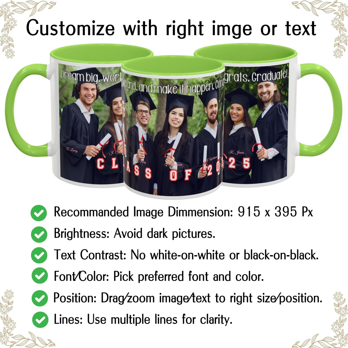 Custom Mug White/Light Green 11oz, Personalized Gift with Photo, Text or Logo, Wrap Around Design