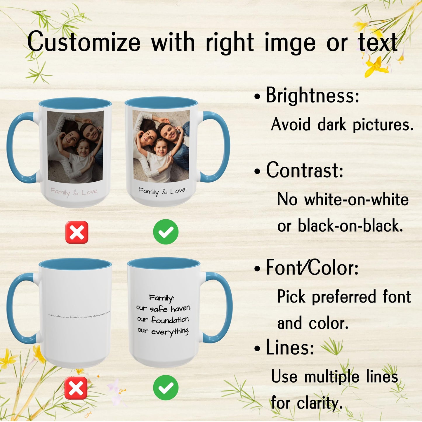 Mug personnalisé, 44 cl, en céramique, blanc/bleu clair, motif carré, cadeau personnalisé avec photo, texte ou logo
