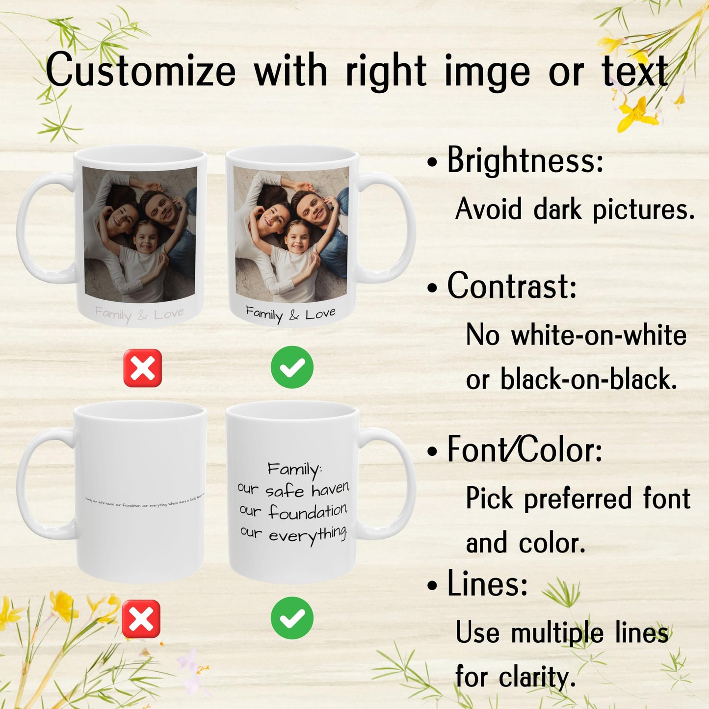 Mug personnalisé, Mug en céramique blanc carré de 325 ml, Cadeau personnalisé avec photo, texte ou logo