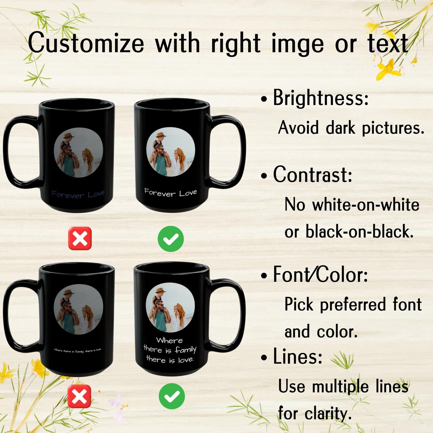 Custom Mug All Black 15oz, Personalized Gift with Photo, Text or Logo, Circle Design