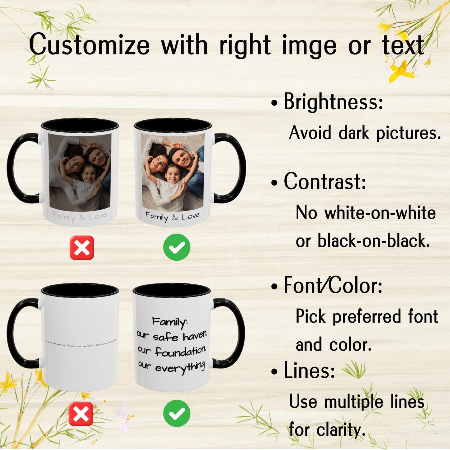 Custom Mug, 11oz White/Black Square Design Ceramic Coffee Mug, Personalized Gift with Photo, Text or Logo