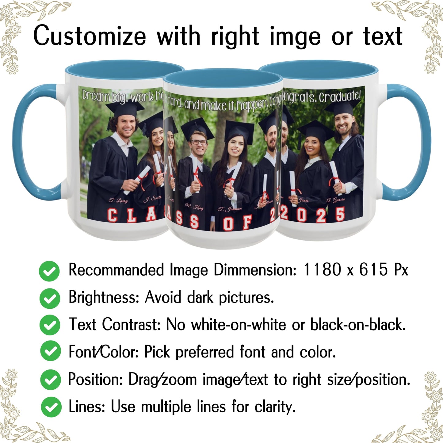 Mug personnalisé, mug à café en céramique de 44 cl avec motif enveloppant blanc/bleu clair, cadeau personnalisé avec photo, texte ou logo
