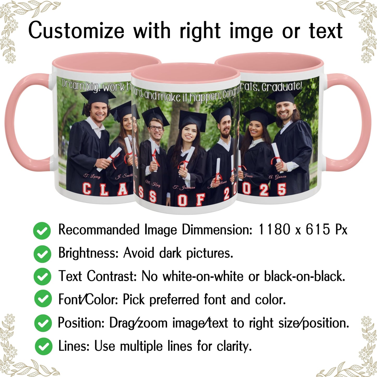 Custom Mug, 11oz White/Pink Wrap Around Design Ceramic Coffee Mug, Personalized Gift with Photo, Text or Logo