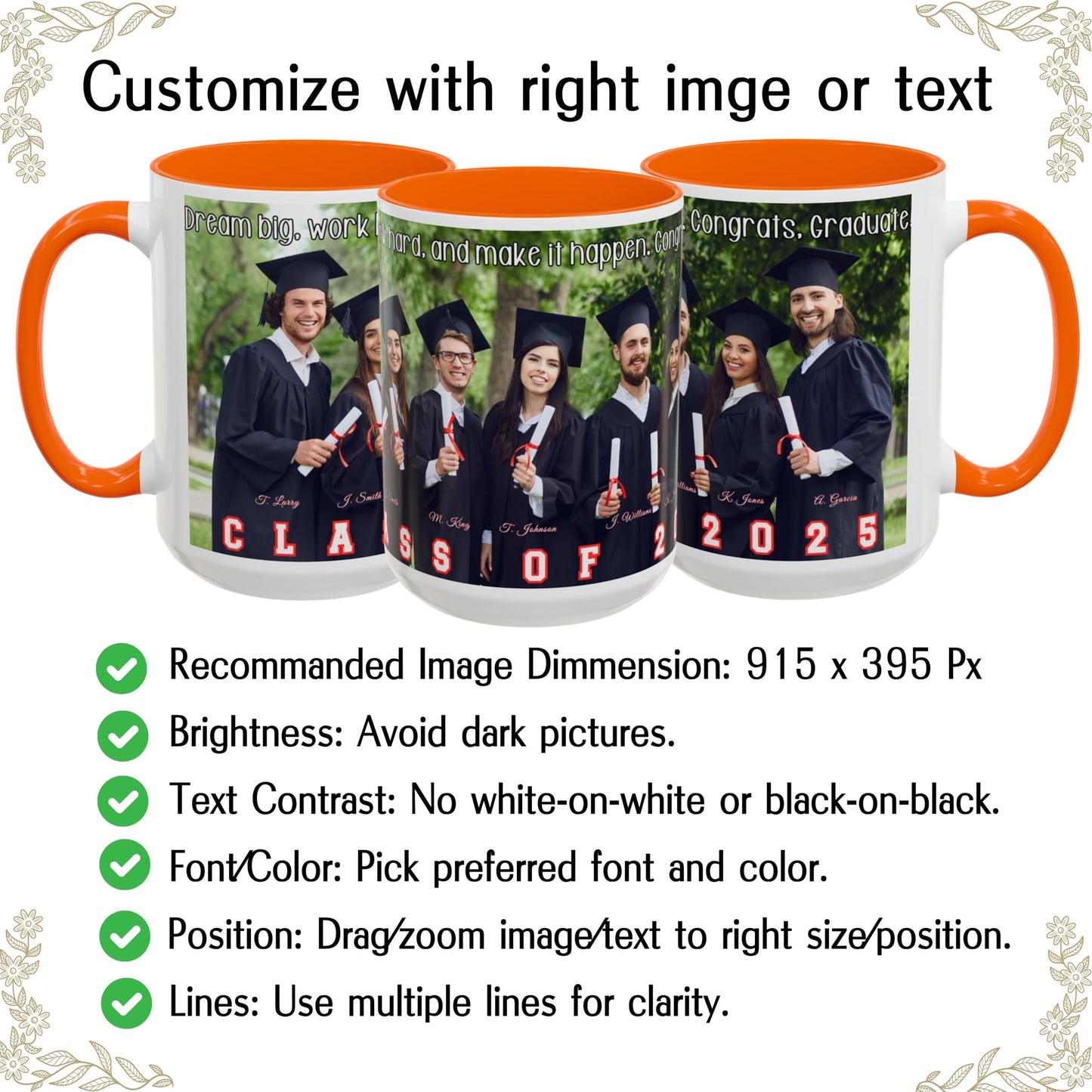 Custom Mug, 15oz White/Orange Wrap Around Design Ceramic Coffee Mug, Personalized Gift with Photo, Text or Logo