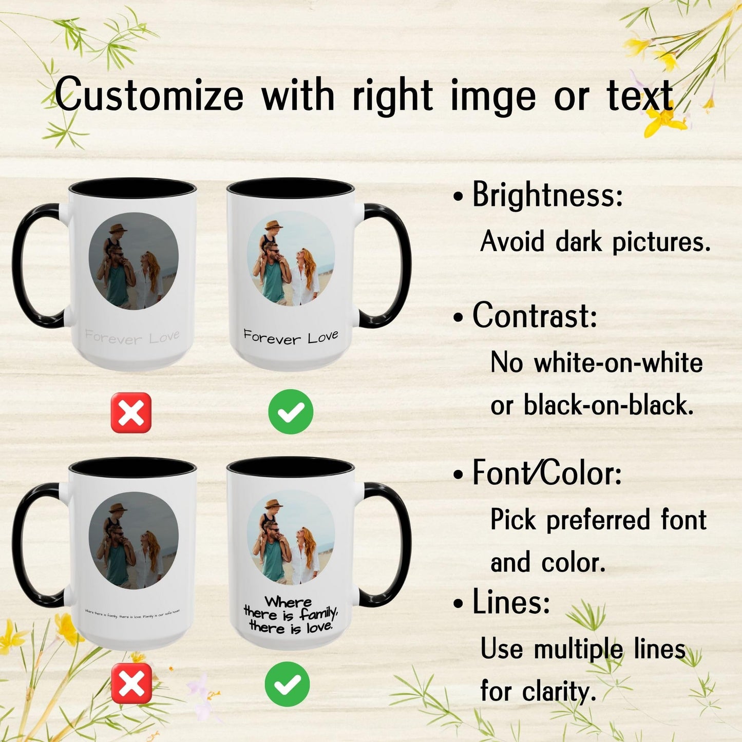 Mug personnalisé blanc/noir 44 cl, cadeau personnalisé avec photo, texte ou logo, motif rond