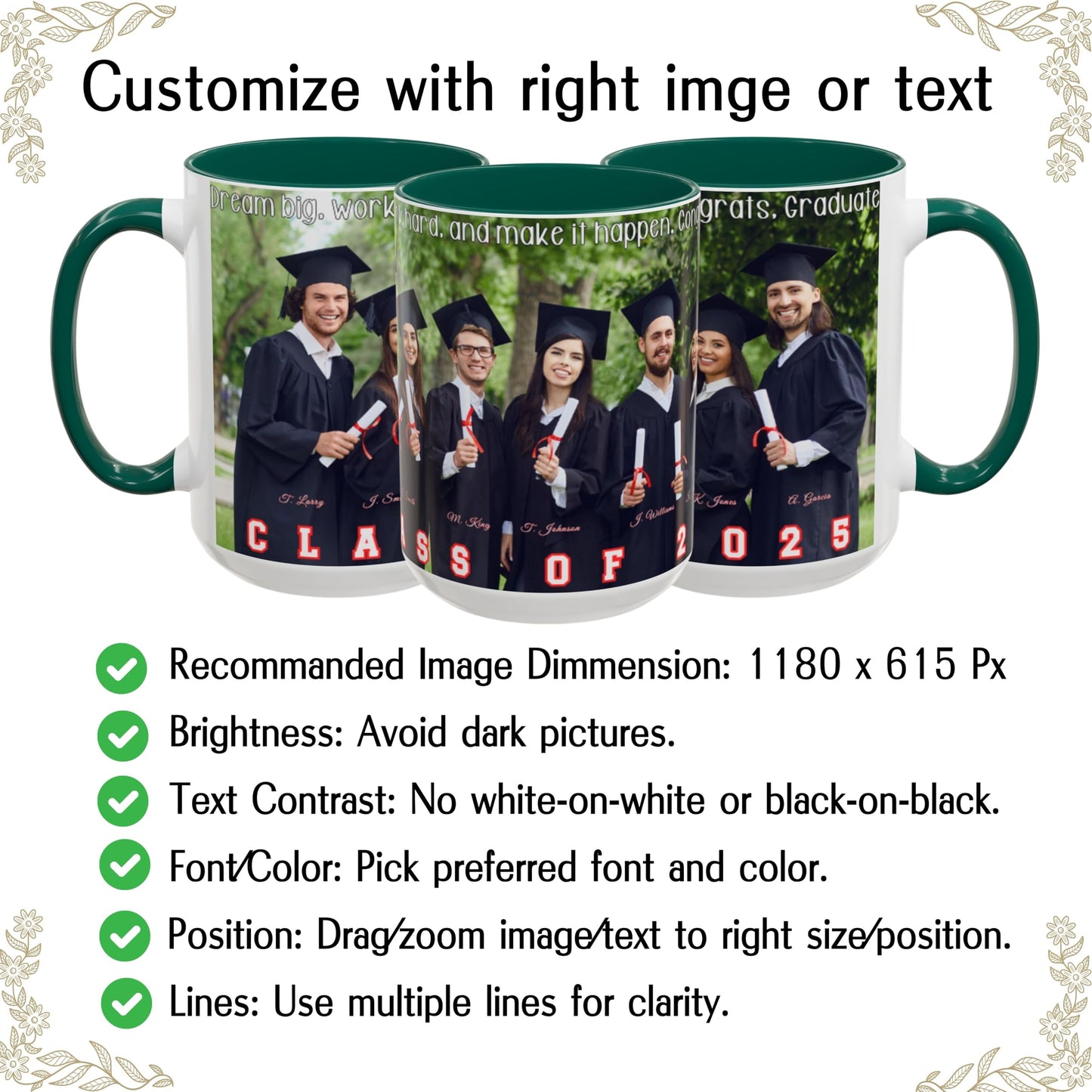 Tasse personnalisée, Tasse à café en céramique 15 oz, design panoramique blanc/vert, cadeau personnalisé avec photo, texte ou logo