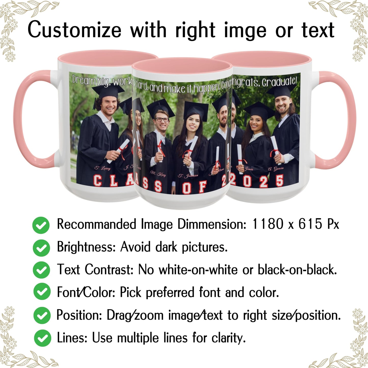 Mug personnalisé blanc/rose 44 cl, cadeau personnalisé avec photo, texte ou logo, motif enveloppant