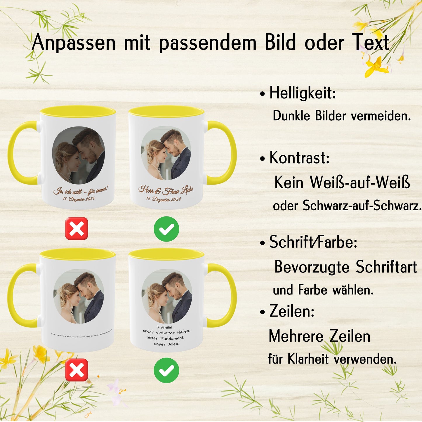 Personalisierte Tasse, weiß/gelb, 325 ml, mit Foto, Text oder Logo, Kreisdesign