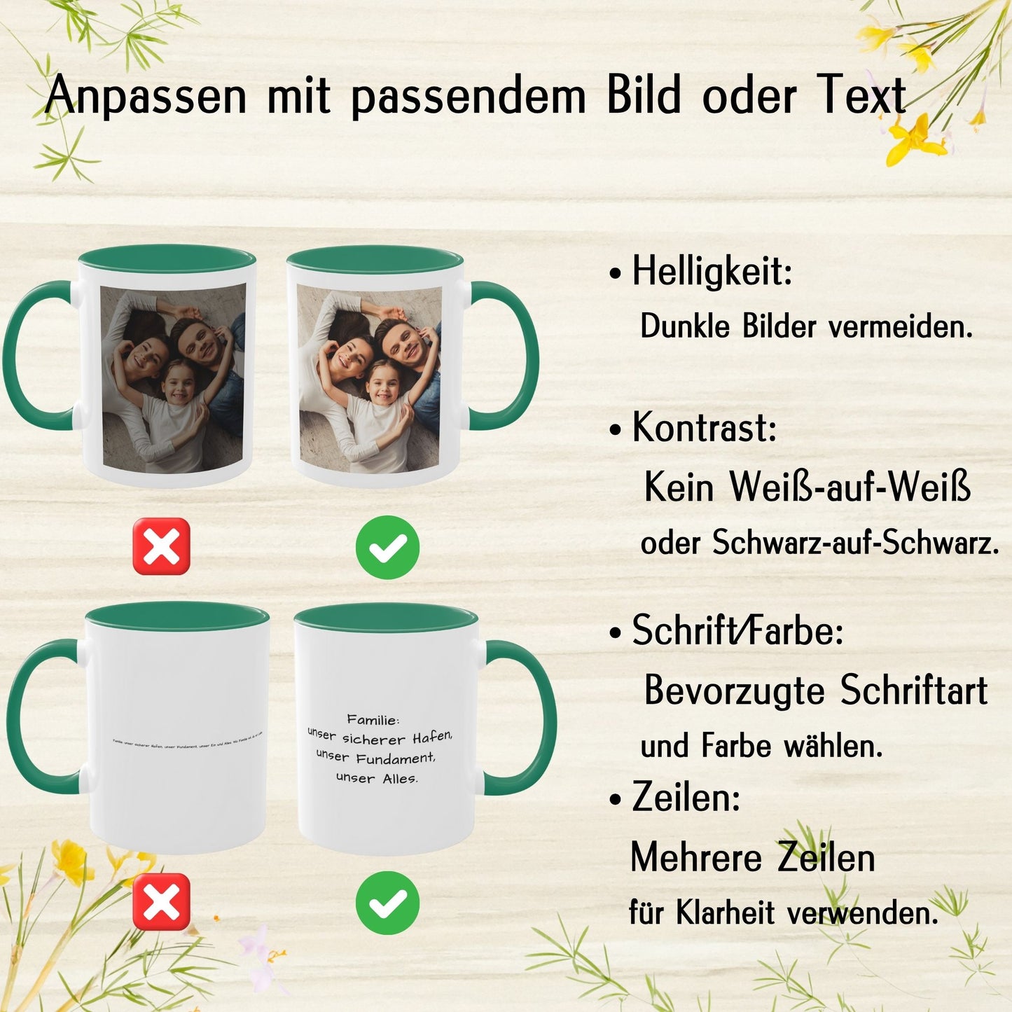 Personalisierte Tasse, weiß/grün, 325 ml, Geschenkidee mit Foto, Text oder Logo, quadratisches Design