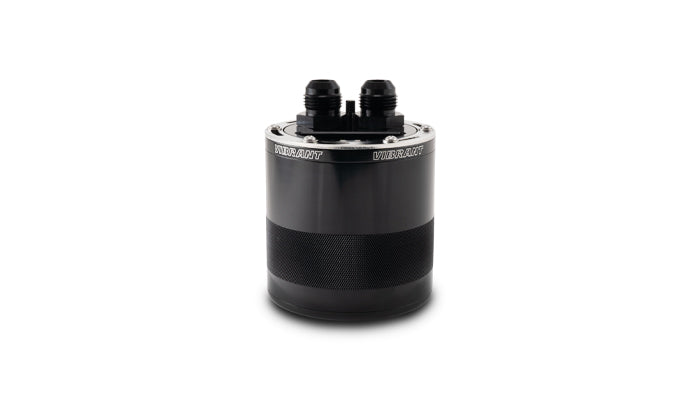 Vibrant Performance 12760 Catch Can; GEN 3 ®; Universal; Small; 4.93 Inch Length; .75 Liter Capacity; 2 Port; -12 ORB Male to -12 AN Male Adapters and -8 ORB Male Drain Plug; Anodized; Black; T6061 Aluminum