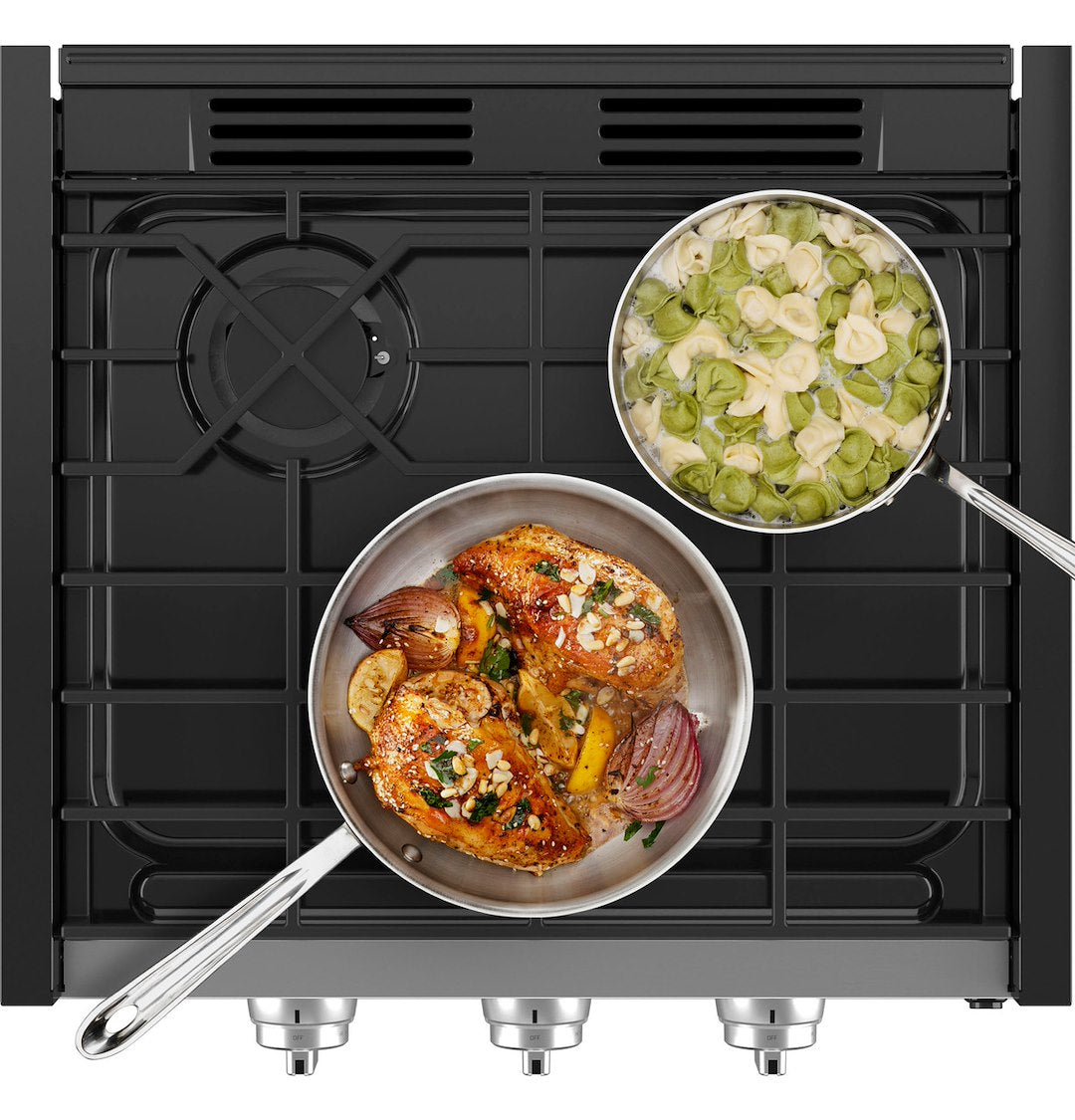 Profile PLU621RTSS GE Appliances - Stove; GE ™; Cooktop; Black/ Gray; 21.53 Inch Width x 4.03 Inch Height x 21 Inch Depth; Electronic Ignition; 8000 BTU Front Burner/ Two 6500 BTU Rear Burners; 3 Burner; With Removable Grates For Quick Cleaning