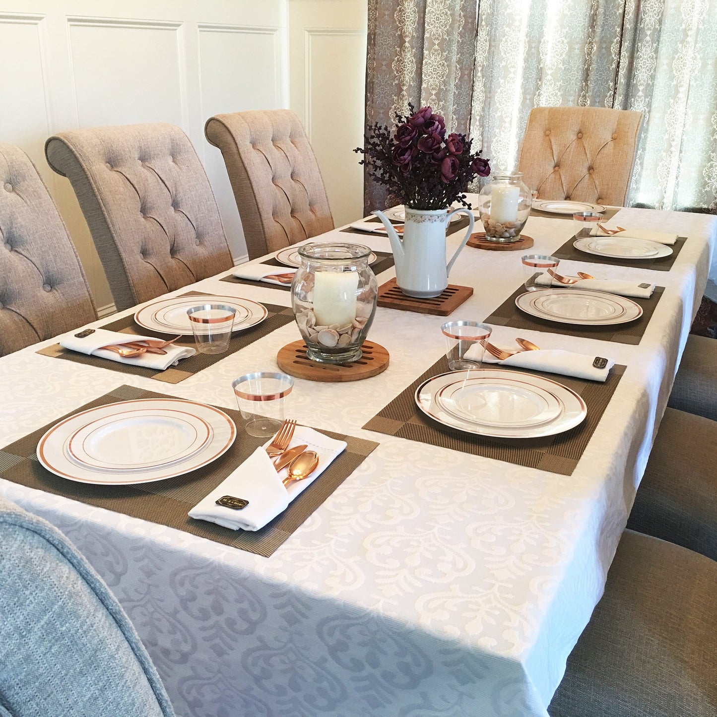 JL Prime 50 Piece Rose Gold Plastic Plates for 25 Guests, Heavy Duty Reusable Disposable Plastic Plates with Rose Gold Rim for Party and Wedding with 25 Dinner Plates and 25 Salad Plates
