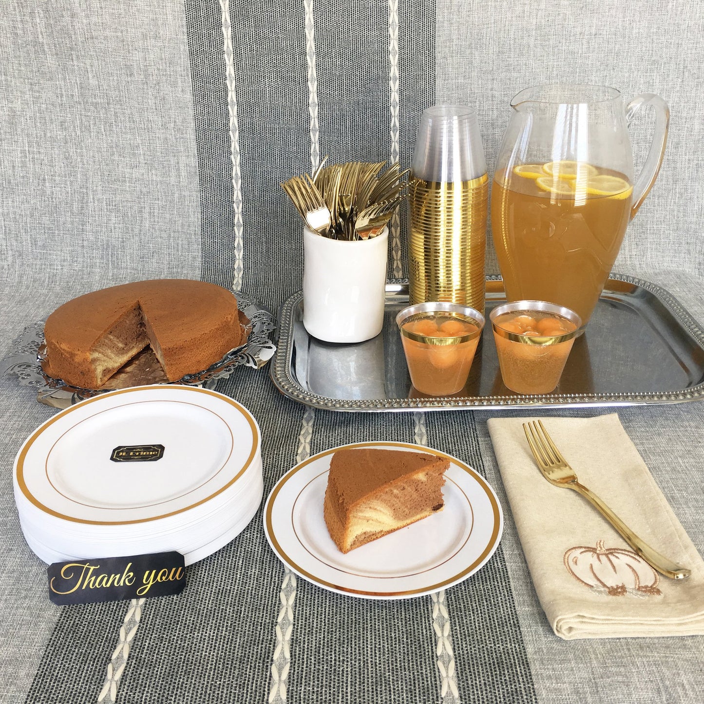 JL Prime 50 Piece Gold Plastic Plates for 25 Guests, Heavy Duty Reusable Disposable Plastic Plates with Gold Rim for Party and Wedding with 25 Dinner Plates & 25 Salad Plates