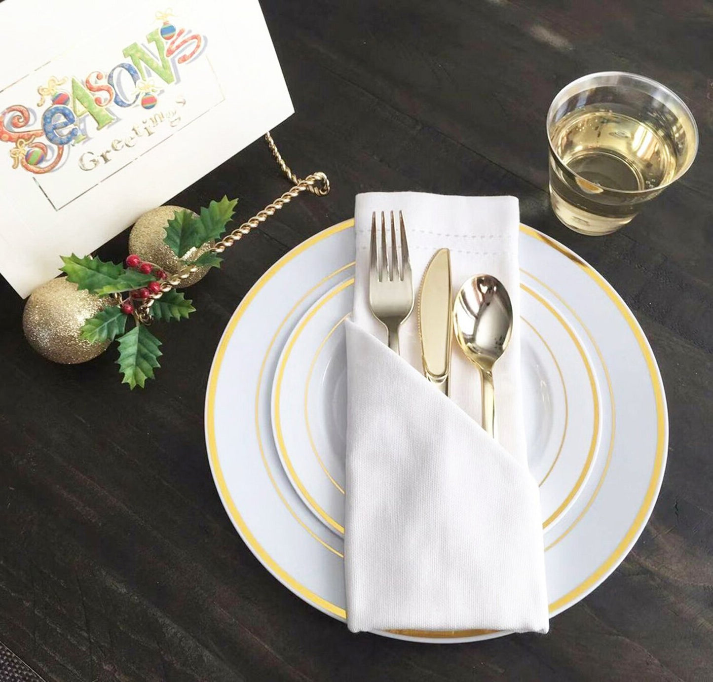 JL Prime 50 Piece Gold Plastic Plates for 25 Guests, Heavy Duty Reusable Disposable Plastic Plates with Gold Rim for Party and Wedding with 25 Dinner Plates & 25 Salad Plates