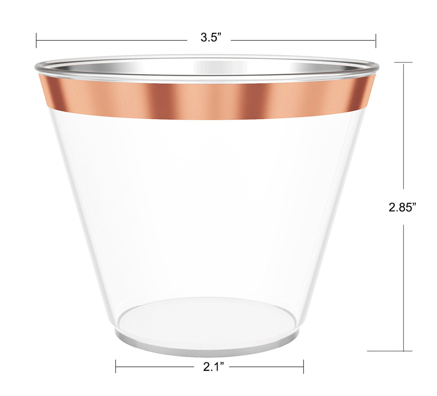 JL Prime 100 Rose Gold Plastic Cups, 9 Oz Heavy Duty Reusable Disposable Rose Gold Rim Clear Plastic Cups, Old Fashioned Tumblers, Hard Plastic Drinking Cups for Party and Wedding