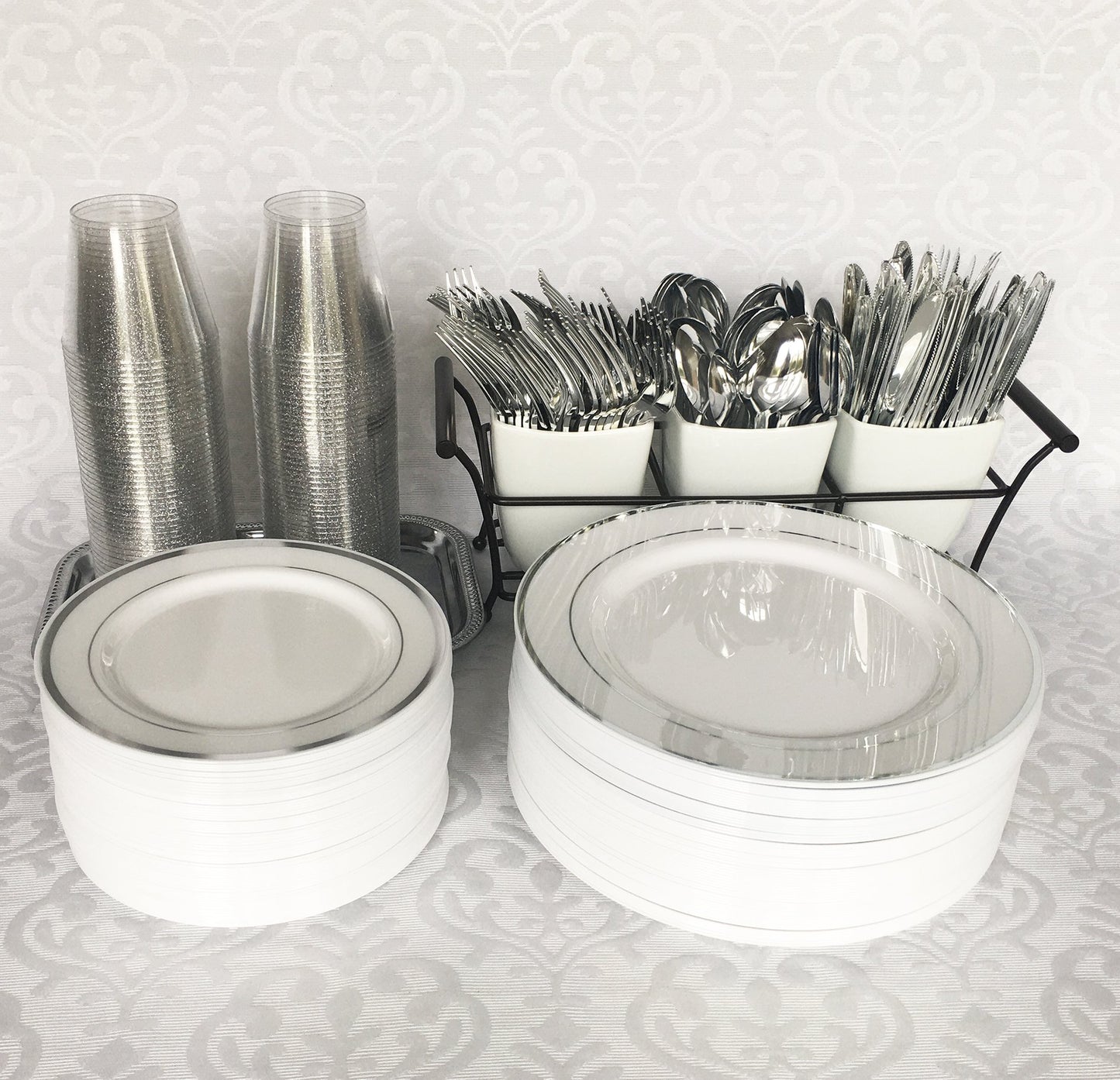 JL Prime 100 Silver Glitter Plastic Cups, 9 Oz Heavy Duty Reusable Disposable Silver Glitter Clear Plastic Cups, Old Fashioned Tumblers, Hard Plastic Drinking Cups for Party and Wedding