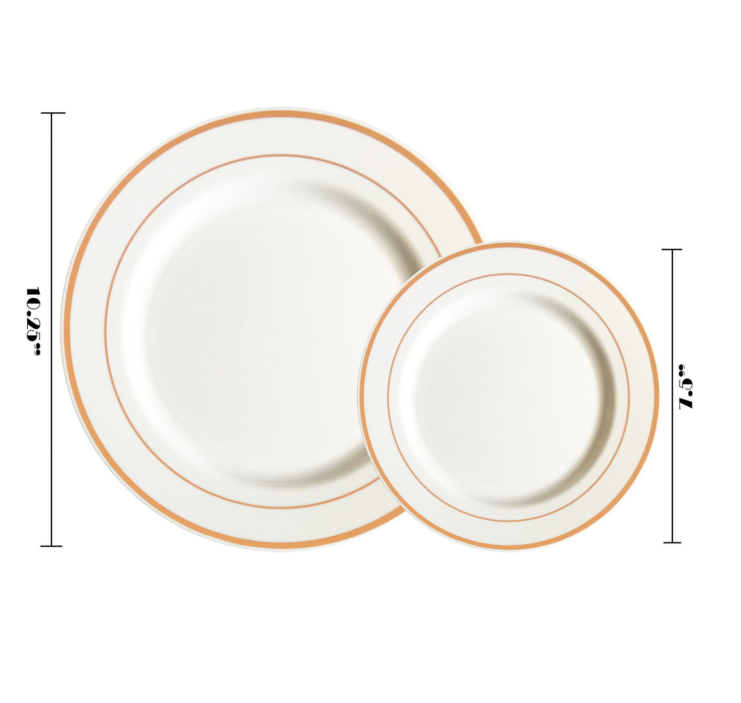 JL Prime 50 Piece Rose Gold Plastic Plates for 25 Guests, Heavy Duty Reusable Disposable Plastic Plates with Rose Gold Rim for Party and Wedding with 25 Dinner Plates and 25 Salad Plates