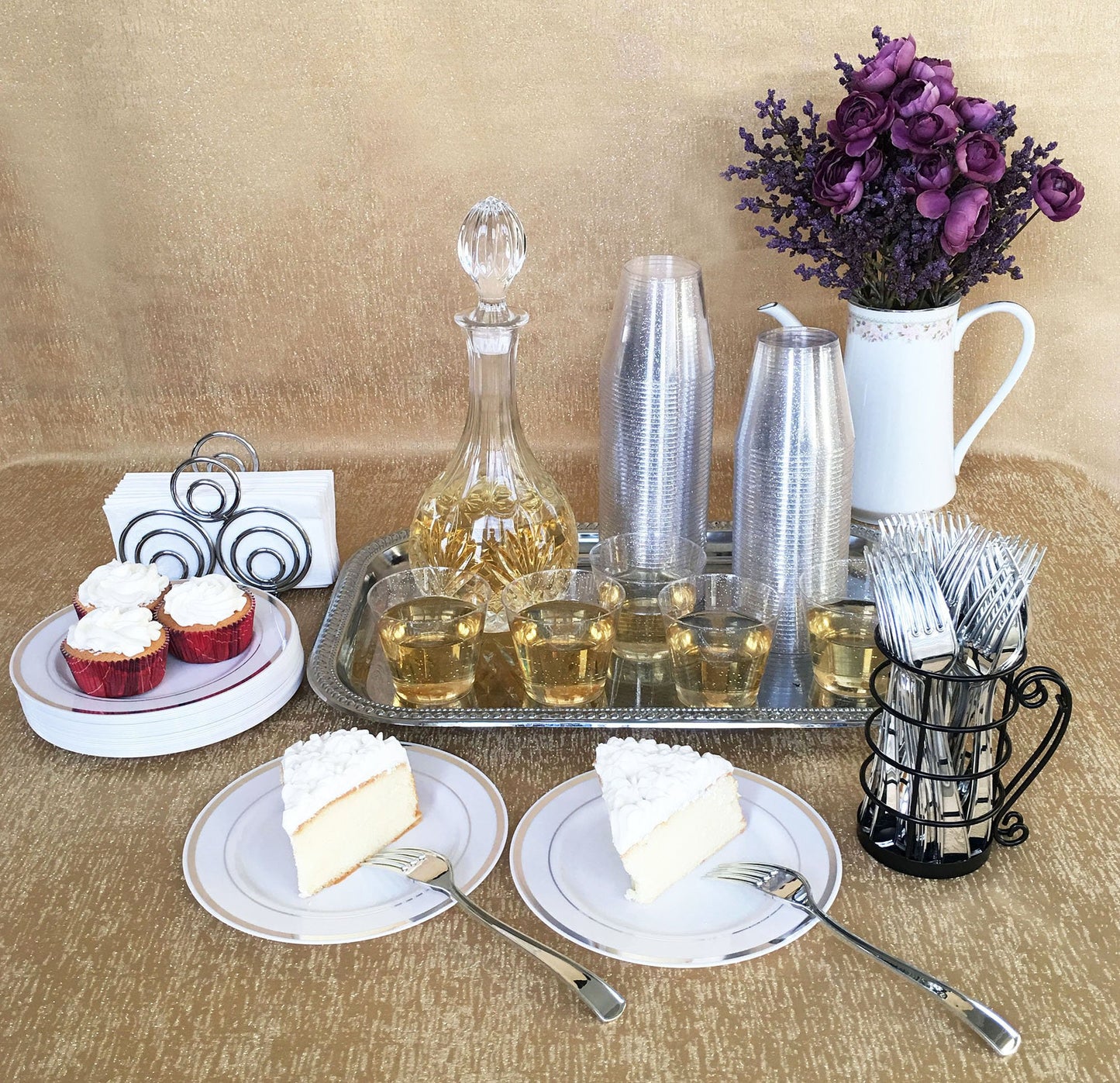 JL Prime 100 Silver Glitter Plastic Cups, 9 Oz Heavy Duty Reusable Disposable Silver Glitter Clear Plastic Cups, Old Fashioned Tumblers, Hard Plastic Drinking Cups for Party and Wedding