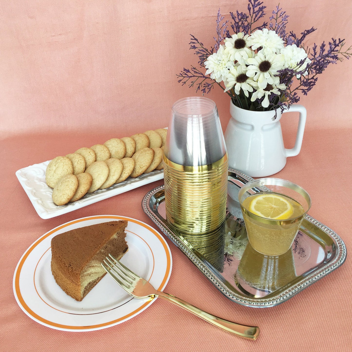 JL Prime 50 Piece Gold Plastic Plates for 25 Guests, Heavy Duty Reusable Disposable Plastic Plates with Gold Rim for Party and Wedding with 25 Dinner Plates & 25 Salad Plates