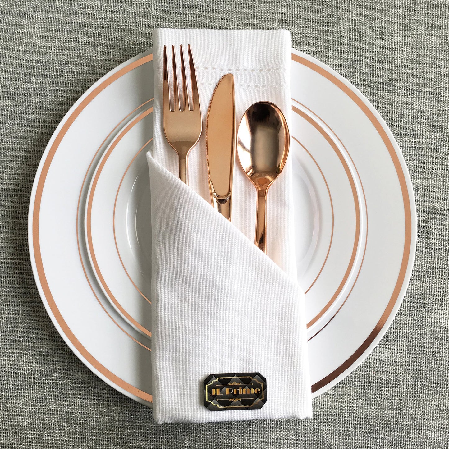 JL Prime 125 Piece Rose Gold Plastic Plates & Cutlery Set, Heavy Duty Disposable Plastic Plates with Rose Gold Rim & Silverware, 25 Dinner Plates, 25 Salad Plates, 25 Forks, 25 Knives, 25 Spoons