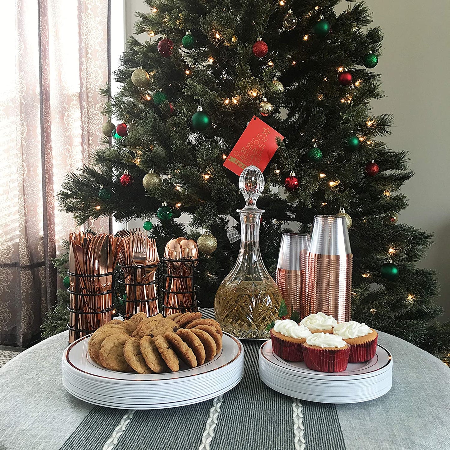 JL Prime 125 Piece Rose Gold Plastic Plates & Cutlery Set, Heavy Duty Disposable Plastic Plates with Rose Gold Rim & Silverware, 25 Dinner Plates, 25 Salad Plates, 25 Forks, 25 Knives, 25 Spoons