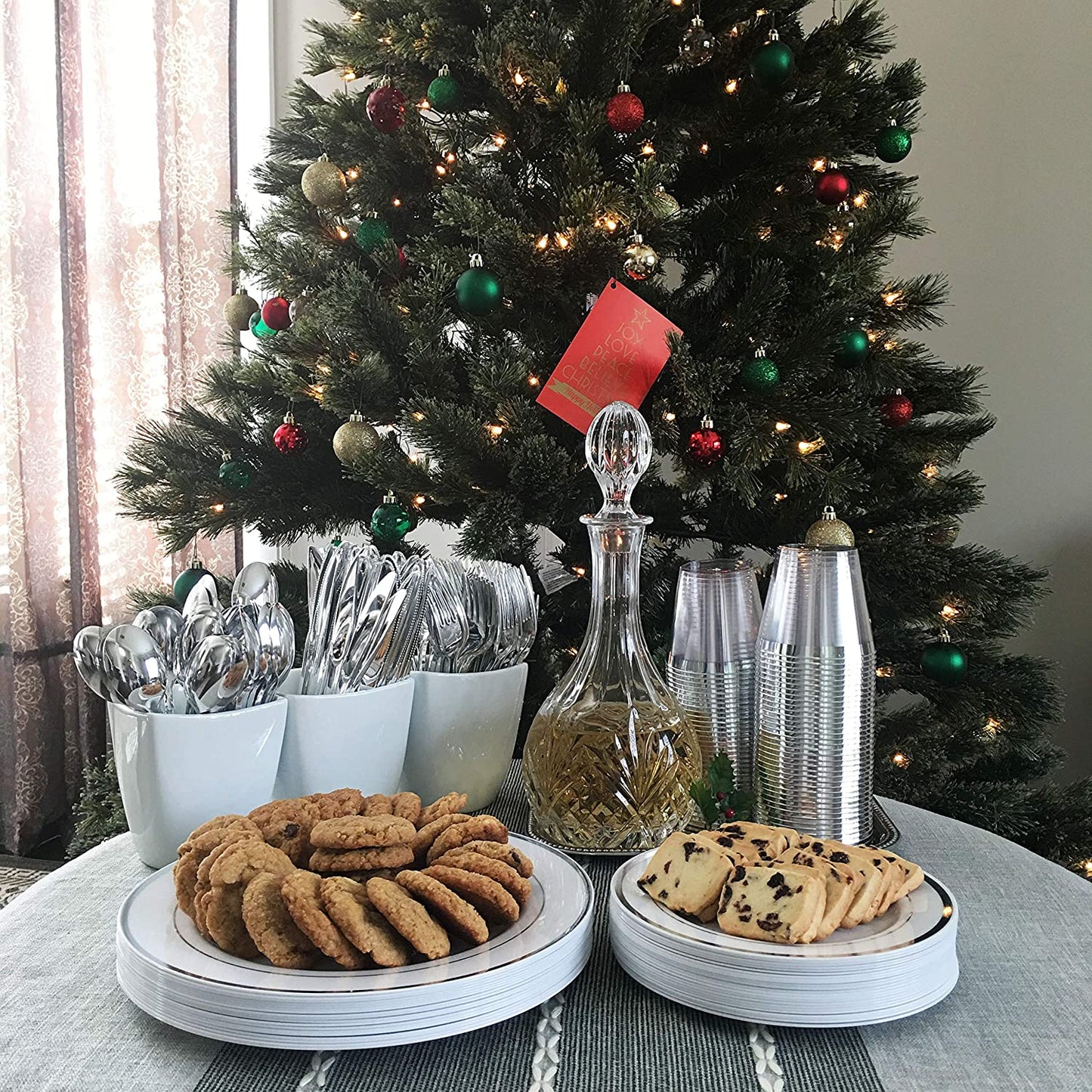 JL Prime 50 Piece Silver Plastic Plates for 25 Guests, Heavy Duty Reusable Disposable Plastic Plates with Silver Rim for Party and Wedding with 25 Dinner Plates and 25 Salad Plates