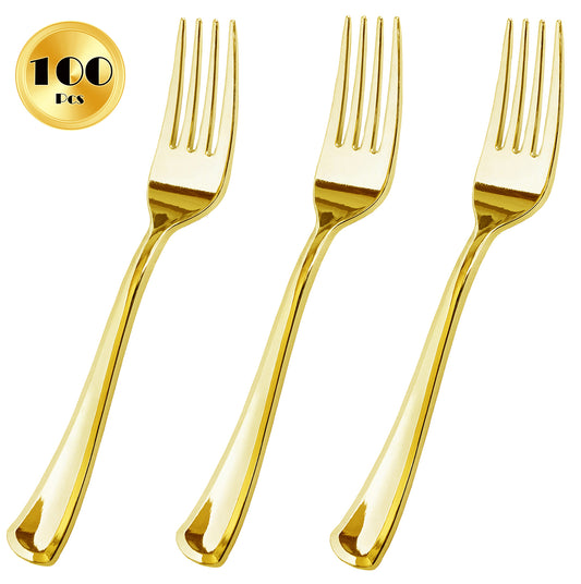 JL Prime 100 Piece Gold Plastic Forks Bulk Set, Gold Plastic Cutlery Set, Heavy Duty Utensils for Party & Wedding, Disposable Silver Flatware, Silver Plastic Forks 100 Pack