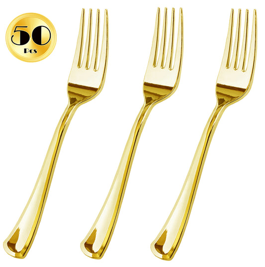 JL Prime 50 Piece Gold Plastic Forks Bulk Set, Gold Plastic Cutlery Set, Heavy Duty Utensils for Party & Wedding, Disposable Gold Flatware, Gold Plastic Forks 50 Pack