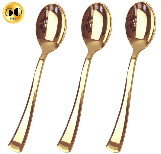 JL Prime 50 Piece Gold Plastic Spoons Bulk Set, Gold Plastic Cutlery Set, Heavy Duty Utensils for Party & Wedding, Disposable Gold Flatware, Gold Plastic Spoons 50 Pack
