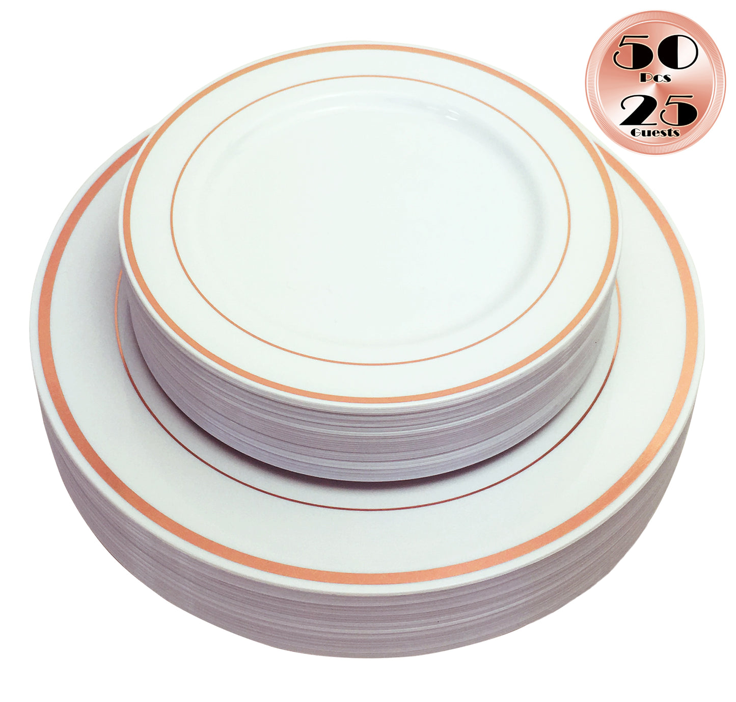 JL Prime 50 Piece Rose Gold Plastic Plates for 25 Guests, Heavy Duty Reusable Disposable Plastic Plates with Rose Gold Rim for Party and Wedding with 25 Dinner Plates and 25 Salad Plates