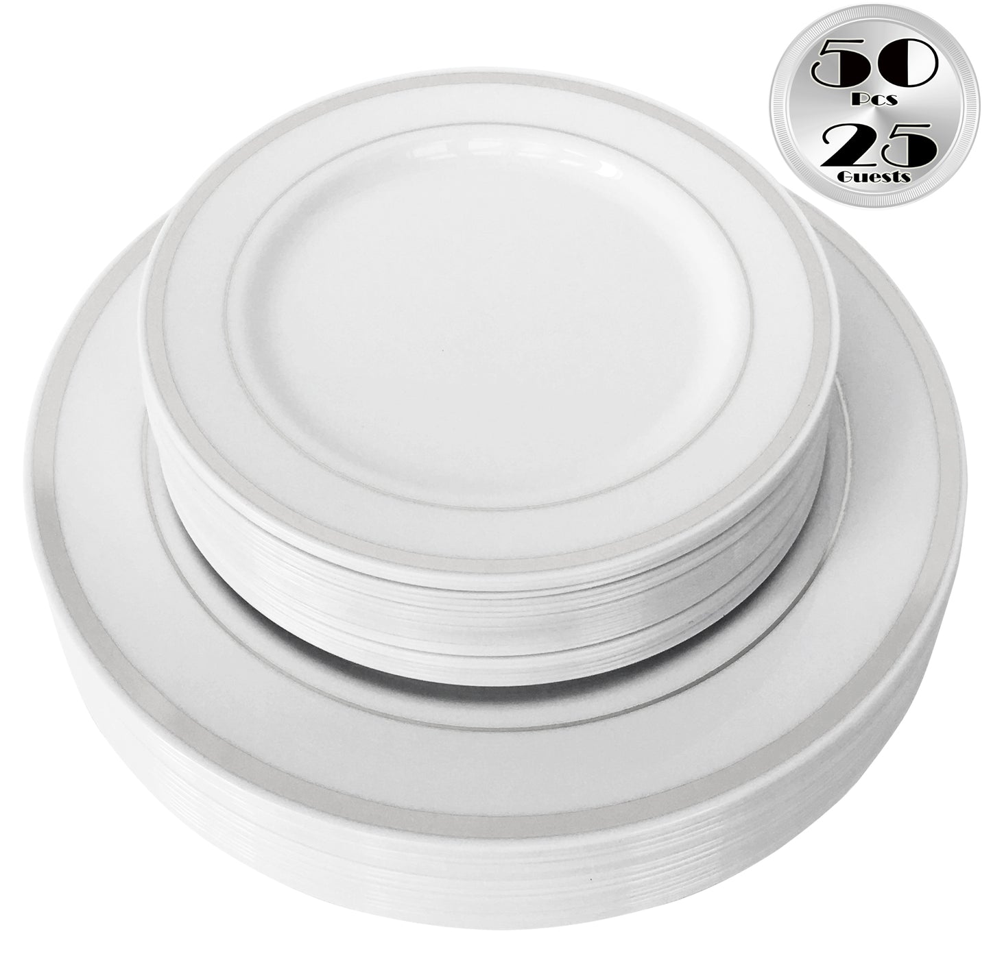 JL Prime 50 Piece Silver Plastic Plates for 25 Guests, Heavy Duty Reusable Disposable Plastic Plates with Silver Rim for Party and Wedding with 25 Dinner Plates and 25 Salad Plates