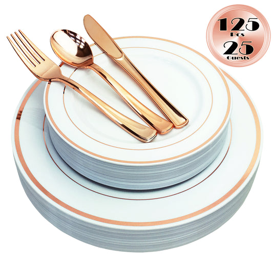 JL Prime 125 Piece Rose Gold Plastic Plates & Cutlery Set, Heavy Duty Disposable Plastic Plates with Rose Gold Rim & Silverware, 25 Dinner Plates, 25 Salad Plates, 25 Forks, 25 Knives, 25 Spoons