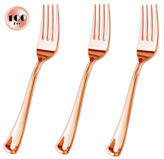 JL Prime 100 Piece Rose Gold Plastic Forks Bulk Set, Rose Gold Plastic Cutlery Set, Heavy Duty Utensils for Party & Wedding, Disposable Rose Gold Flatware, Rose Gold Plastic Forks 100 Pack