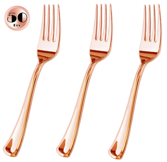 JL Prime 50 Piece Rose Gold Plastic Forks Bulk Set, Rose Gold Plastic Cutlery Set, Heavy Duty Utensils for Party & Wedding, Disposable Rose Gold Flatware, Rose Gold Plastic Forks 50 Pack