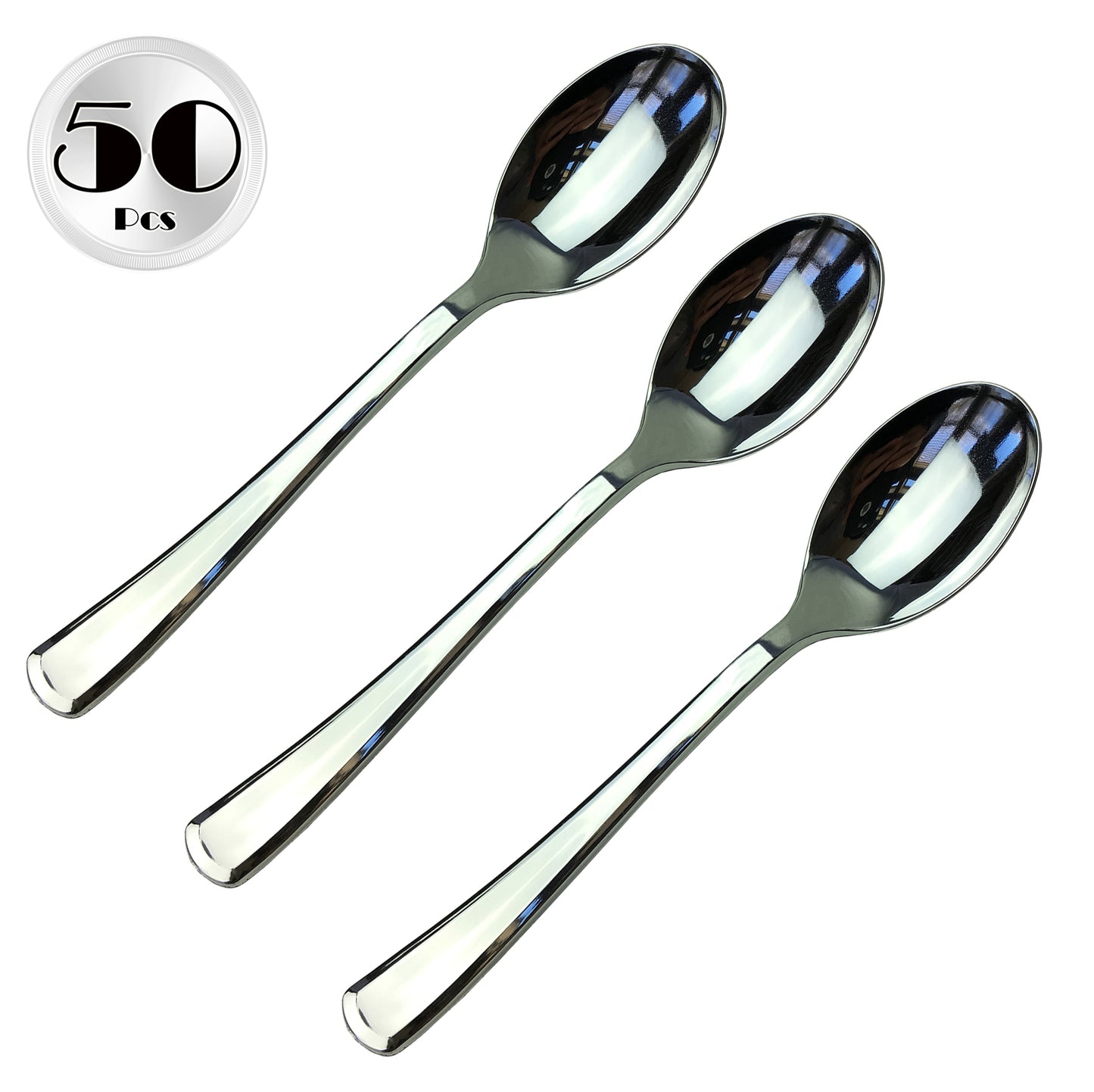 JL Prime 50 Piece Silver Plastic Spoons Bulk Set, Silver Plastic Cutlery Set, Heavy Duty Utensils for Party & Wedding, Disposable Silver Flatware, Silver Plastic Spoons 50 Pack