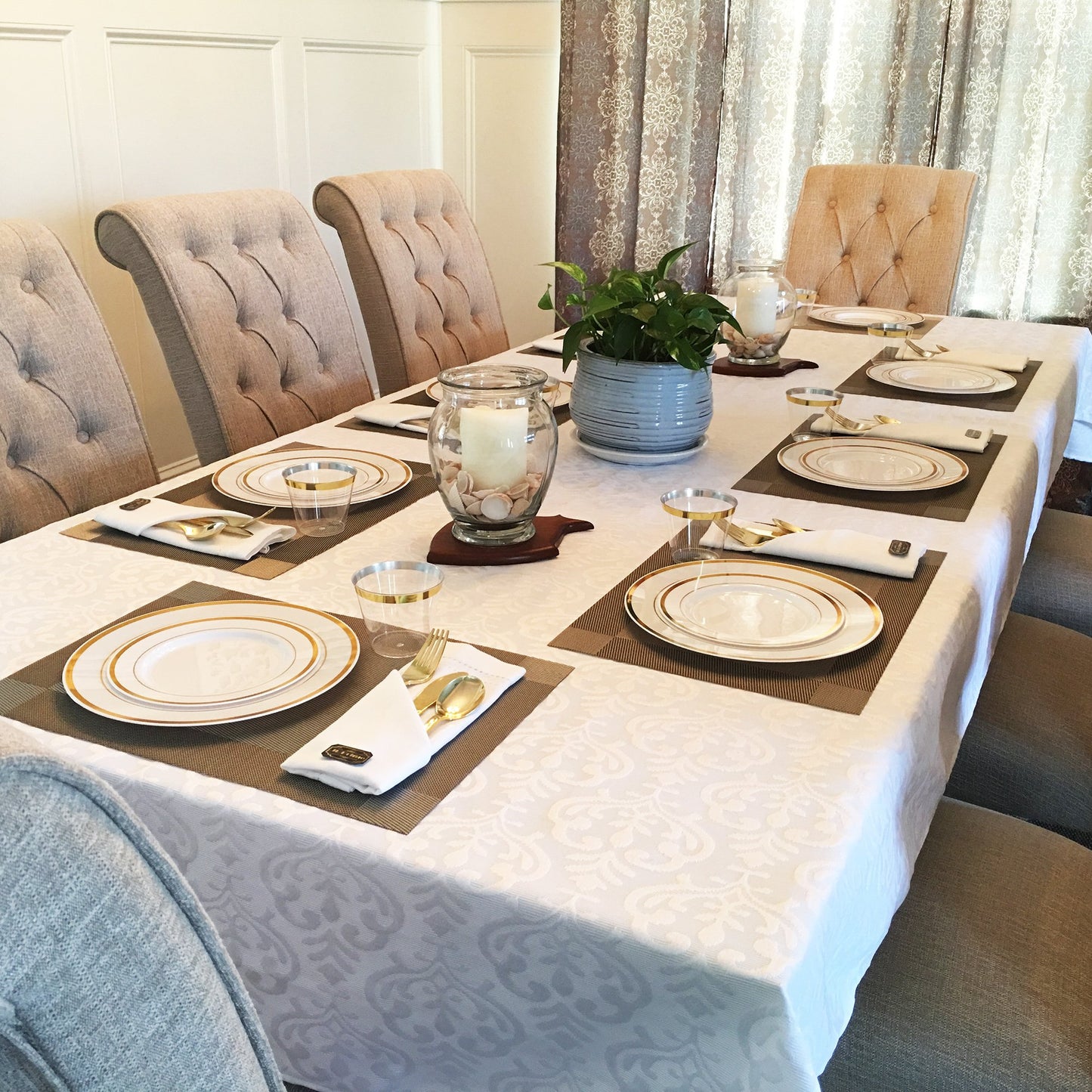 JL Prime 50 Piece Gold Plastic Plates for 25 Guests, Heavy Duty Reusable Disposable Plastic Plates with Gold Rim for Party and Wedding with 25 Dinner Plates & 25 Salad Plates