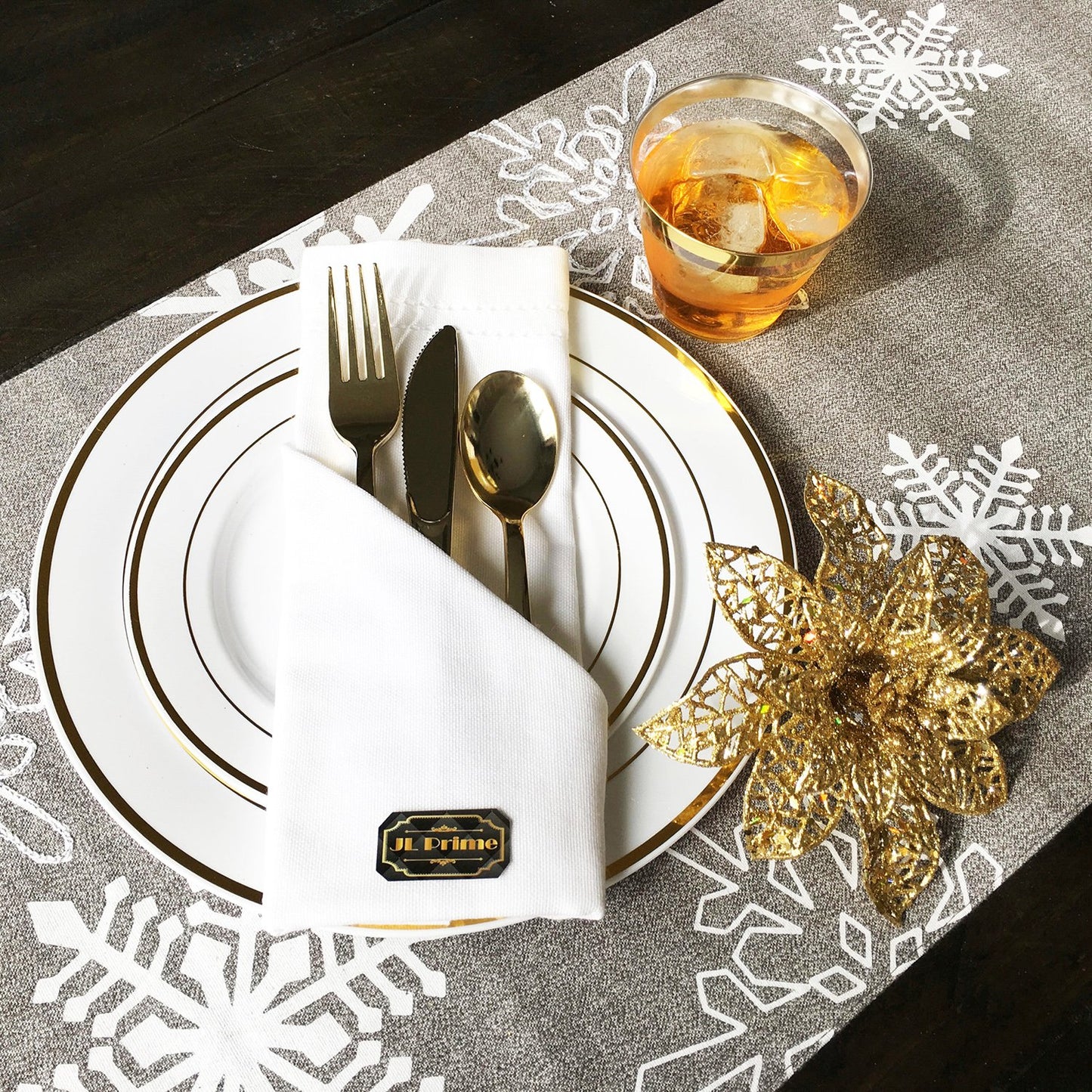 JL Prime 50 Piece Gold Plastic Plates for 25 Guests, Heavy Duty Reusable Disposable Plastic Plates with Gold Rim for Party and Wedding with 25 Dinner Plates & 25 Salad Plates