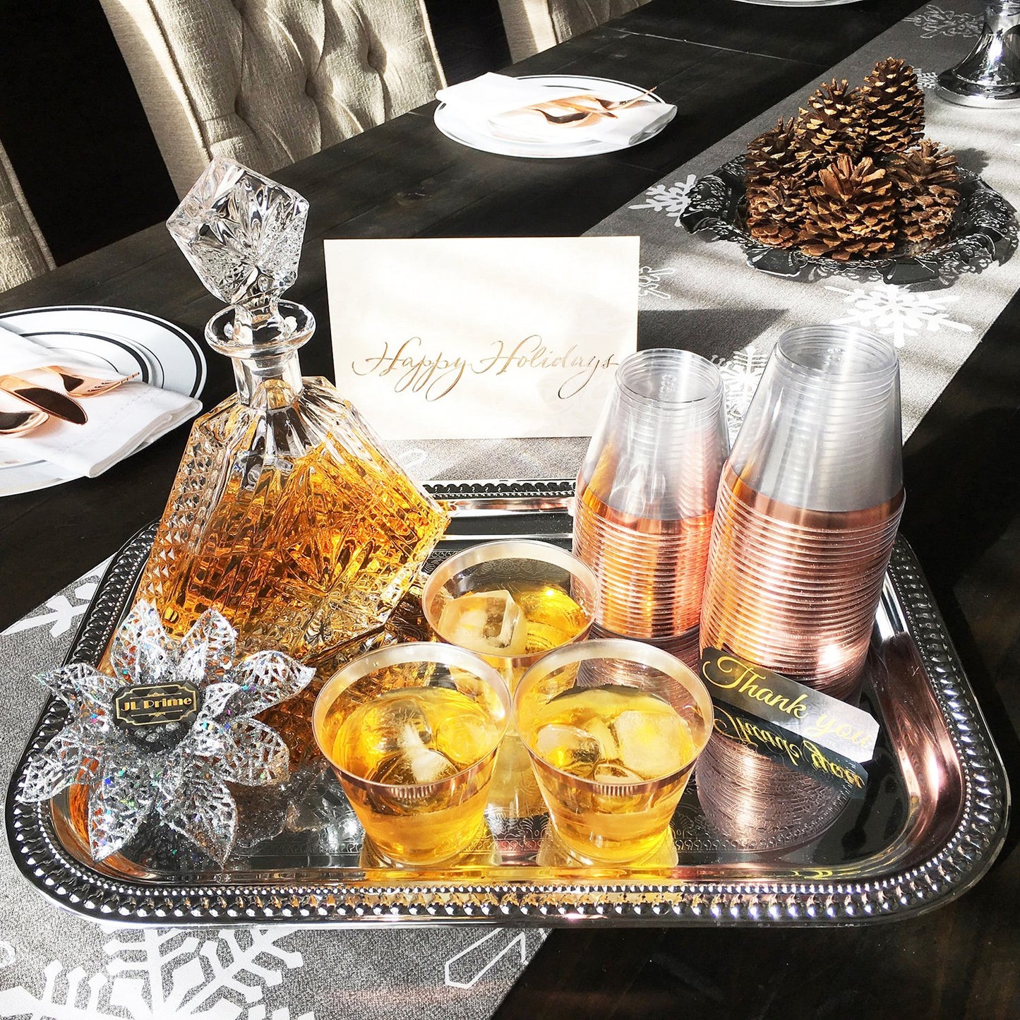 JL Prime 100 Rose Gold Plastic Cups, 9 Oz Heavy Duty Reusable Disposable Rose Gold Rim Clear Plastic Cups, Old Fashioned Tumblers, Hard Plastic Drinking Cups for Party and Wedding