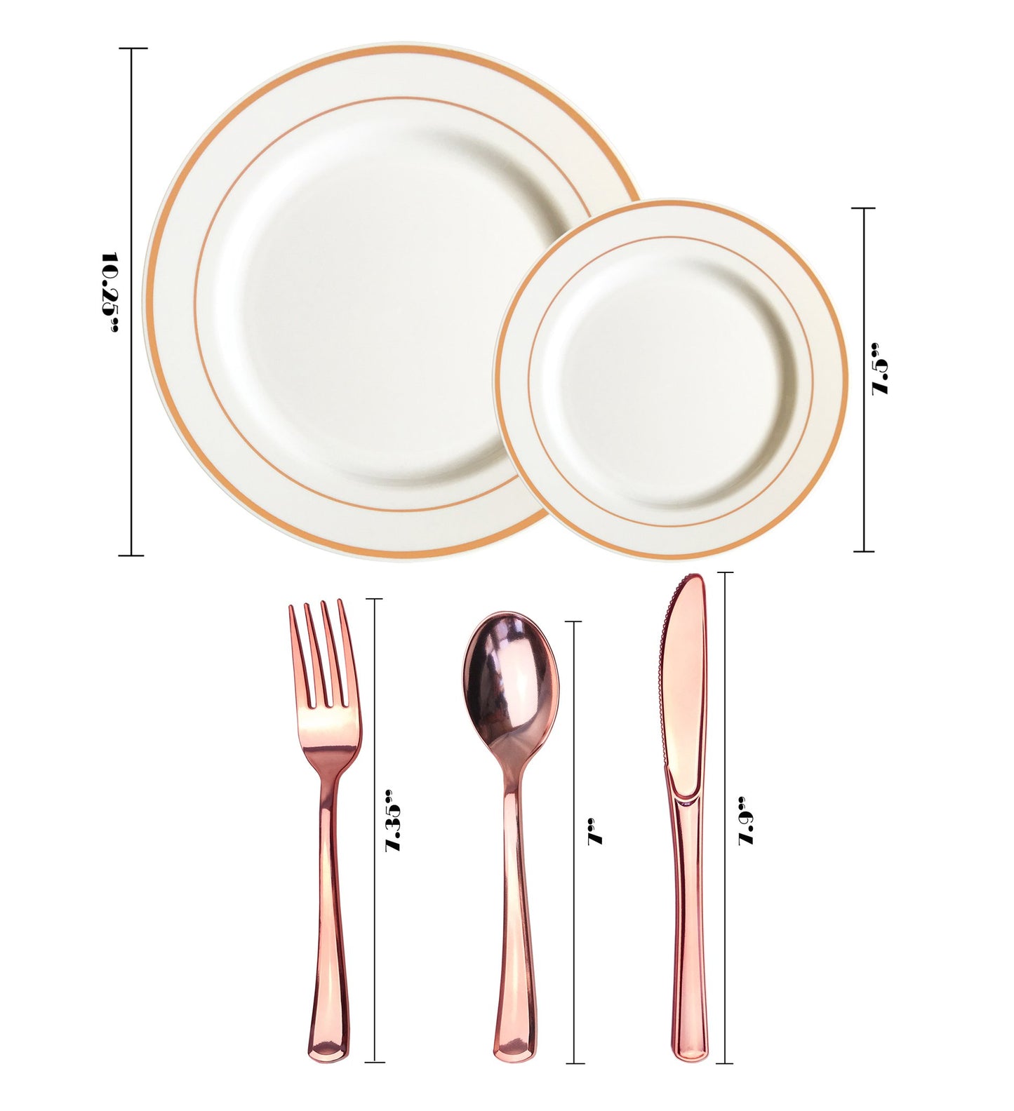 JL Prime 125 Piece Rose Gold Plastic Plates & Cutlery Set, Heavy Duty Disposable Plastic Plates with Rose Gold Rim & Silverware, 25 Dinner Plates, 25 Salad Plates, 25 Forks, 25 Knives, 25 Spoons