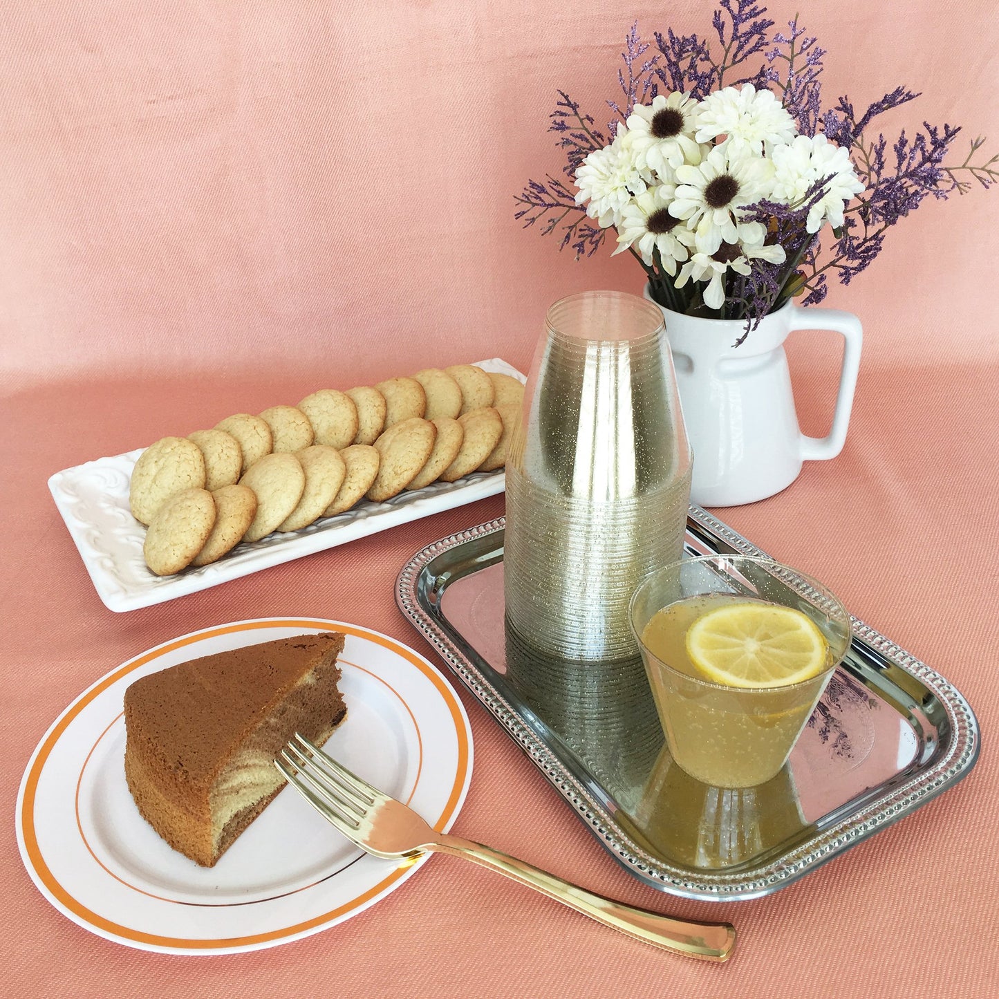 JL Prime 100 Gold Glitter Plastic Cups, 9 Oz Heavy Duty Reusable Disposable Gold Glitter Clear Plastic Cups, Old Fashioned Tumblers, Hard Plastic Drinking Cups for Party and Wedding