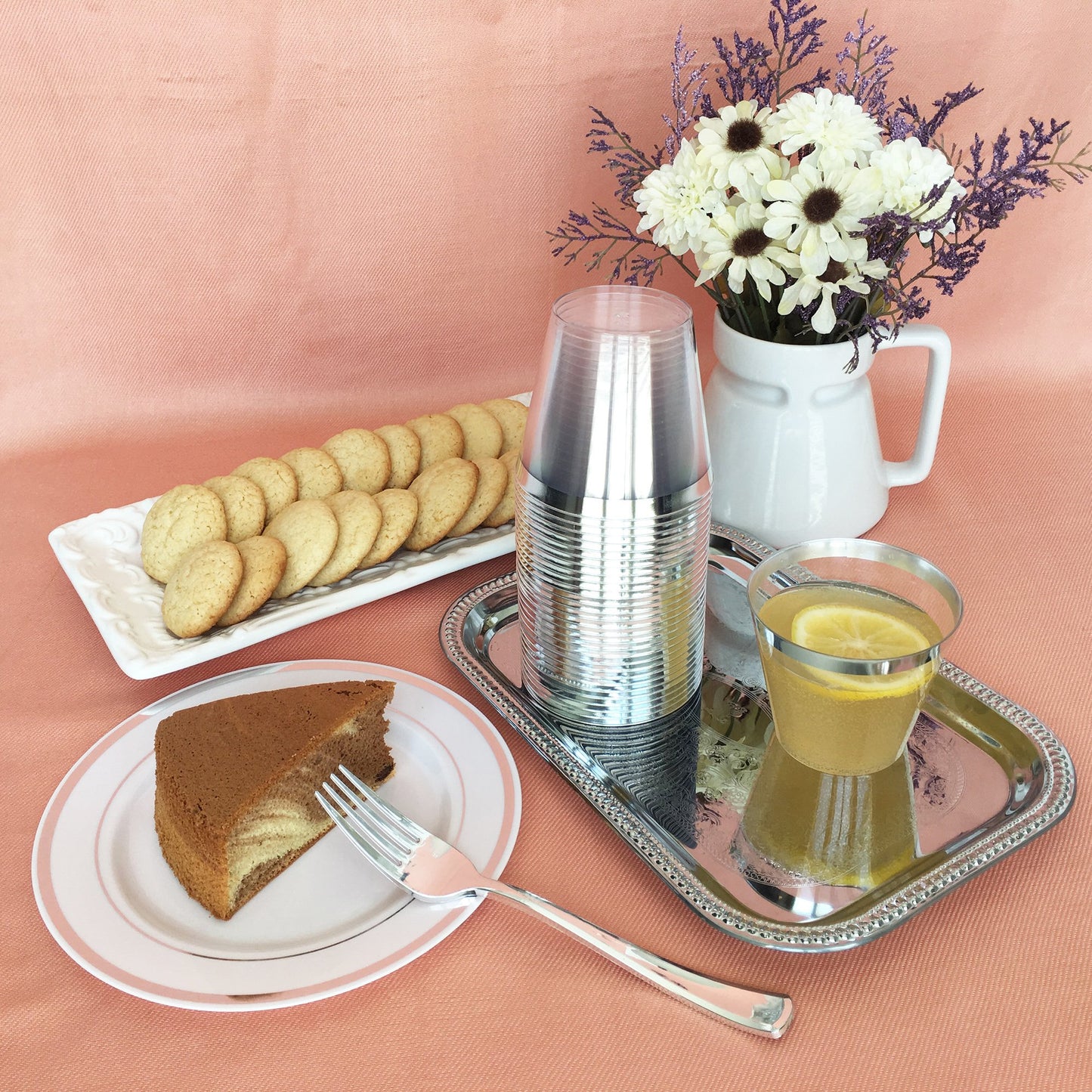 JL Prime 50 Piece Silver Plastic Plates for 25 Guests, Heavy Duty Reusable Disposable Plastic Plates with Silver Rim for Party and Wedding with 25 Dinner Plates and 25 Salad Plates