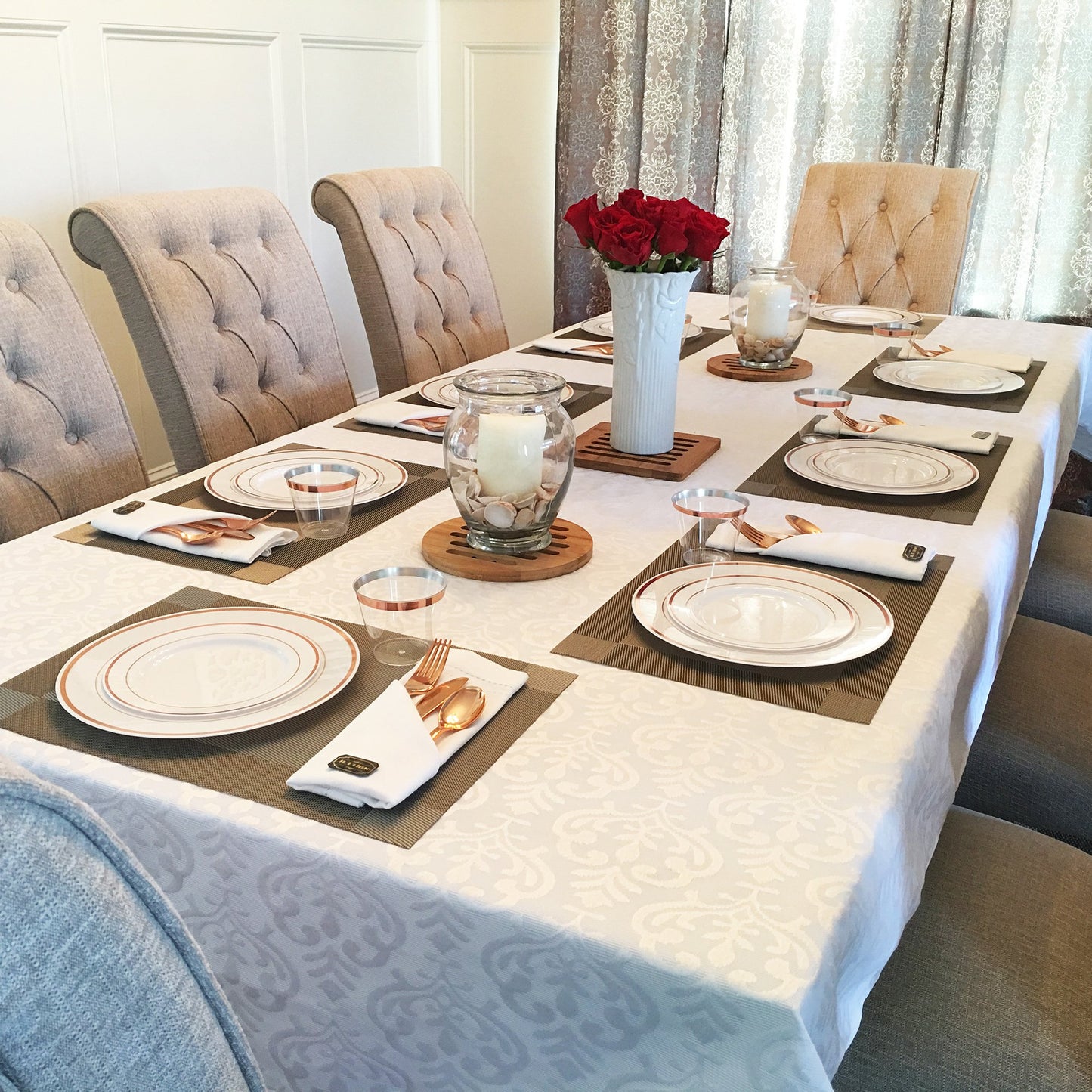 JL Prime 125 Piece Rose Gold Plastic Plates & Cutlery Set, Heavy Duty Disposable Plastic Plates with Rose Gold Rim & Silverware, 25 Dinner Plates, 25 Salad Plates, 25 Forks, 25 Knives, 25 Spoons