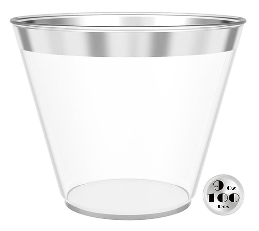 JL Prime 100 Silver Plastic Cups, 9 Oz Heavy Duty Reusable Disposable Silver Rim Clear Plastic Cups, Old Fashioned Tumblers, Hard Plastic Drinking Cups for Party and Wedding