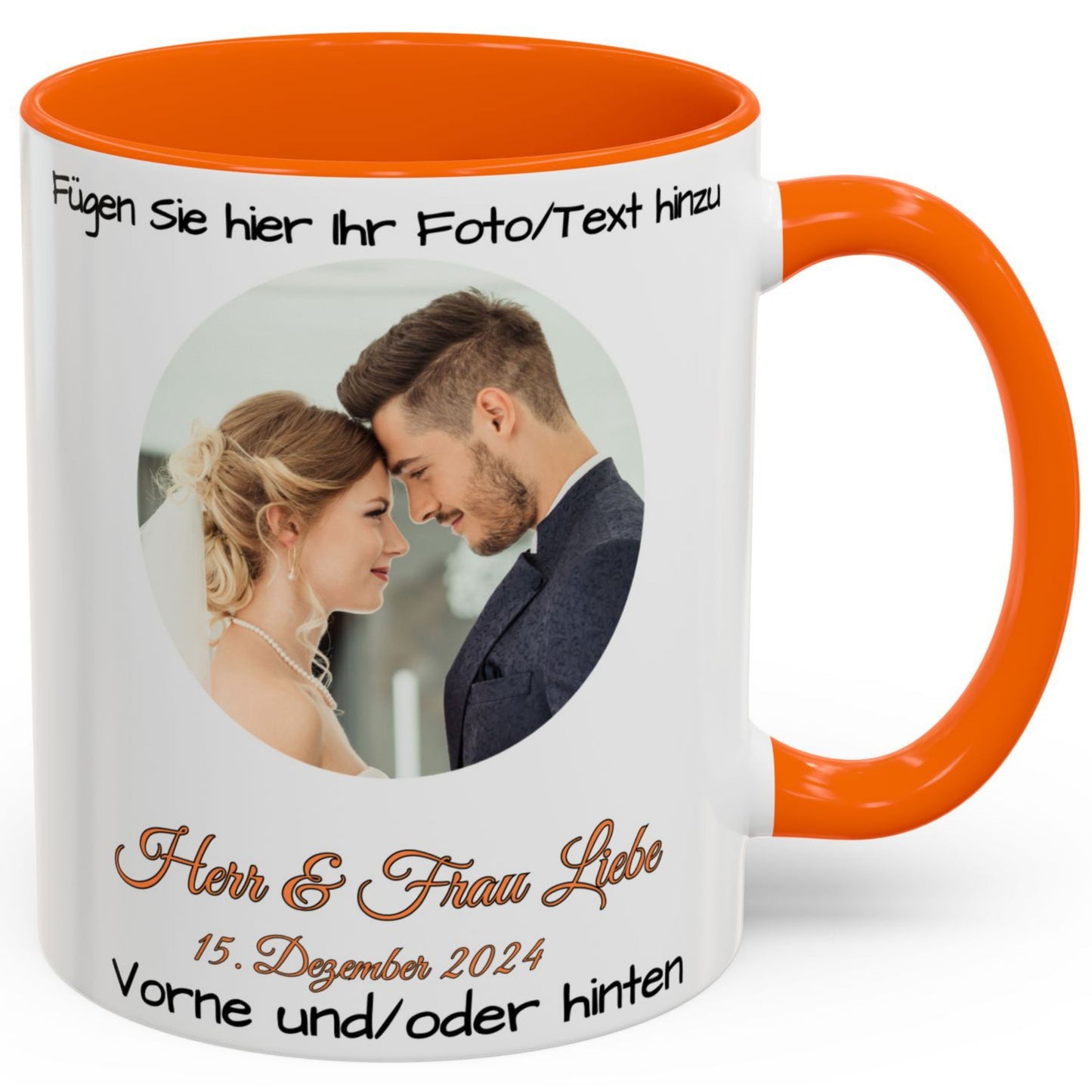 Personalisierte Tasse, weiß/orange, 325 ml, mit Foto, Text oder Logo, Kreisdesign